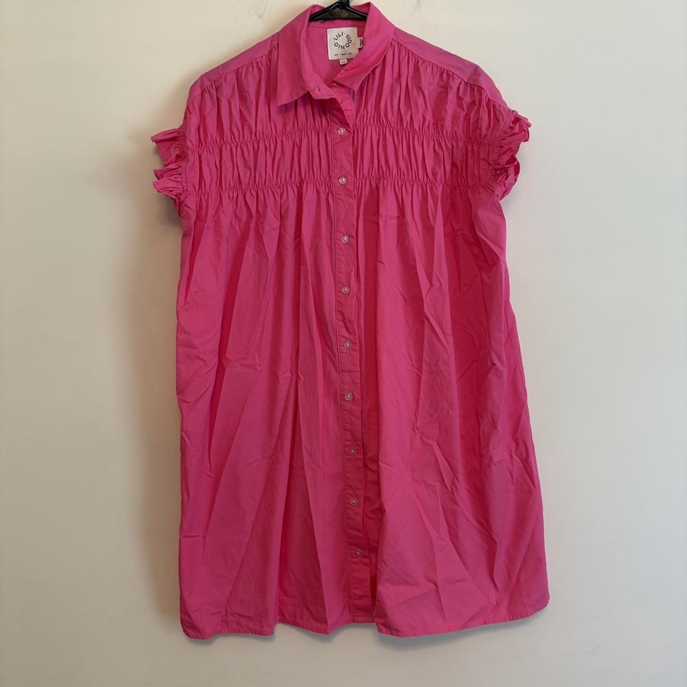 Lili Sidonio XS Pink Ruffle Sleeve Mini Dress Button Front Summer Smocked Collar